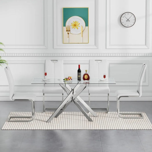 Glass Dining Table Set for 4, 5-Piece Modern Kitchen Table Set with 4 High-Back PU Leather Upholstered Chair for Kitchen Dining