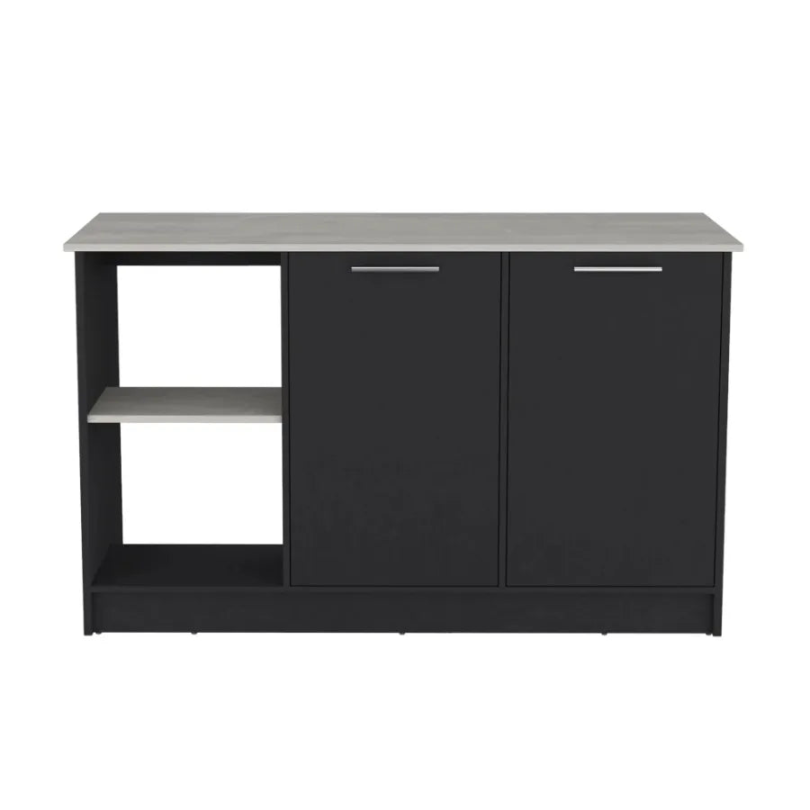 Large Top Surface Kitchen Island Double Door Cabinet Open Shelves Black Ibiza Marble
