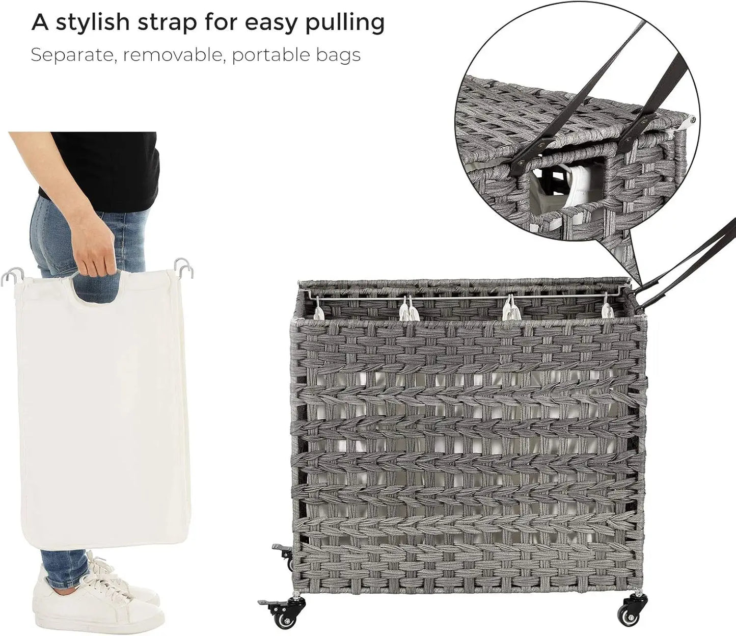 Laundry Hamper with Lid 140L Synthetic Rattan Laundry Basket with Wheels Clothes Hamper with 3Removable Liner Bags 3Section