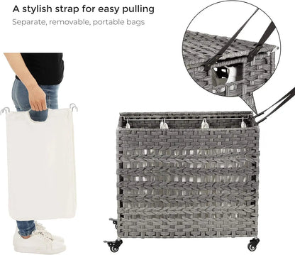 Laundry Hamper with Lid 140L Synthetic Rattan Laundry Basket with Wheels Clothes Hamper with 3Removable Liner Bags 3Section