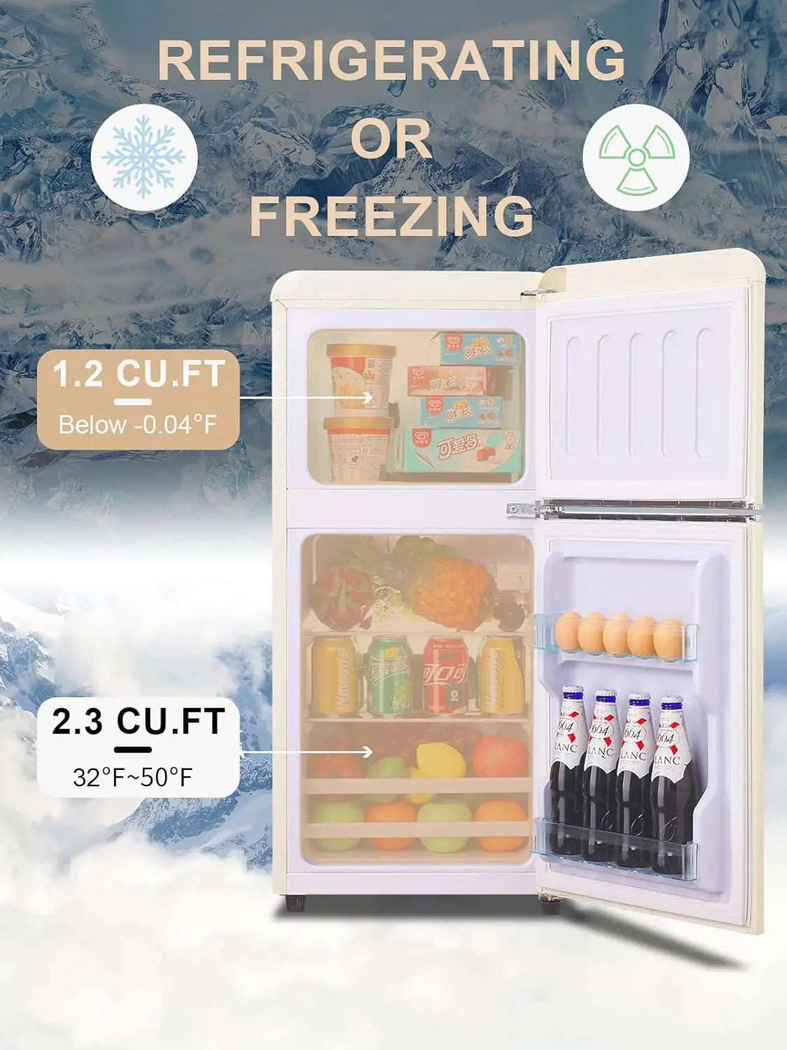 3.2 Cu. ft. Compact Refrigerator, Mini Fridge with Freezer, Retro Design Small Drink Chiller for Home, Office