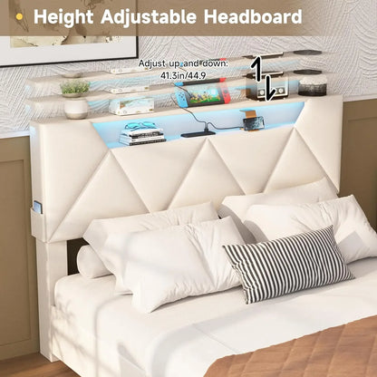 Bed Frame Queen with Storage Headboard&4 Drawers Upholstered Platform Bed Frame with Charging Station &LED Lights