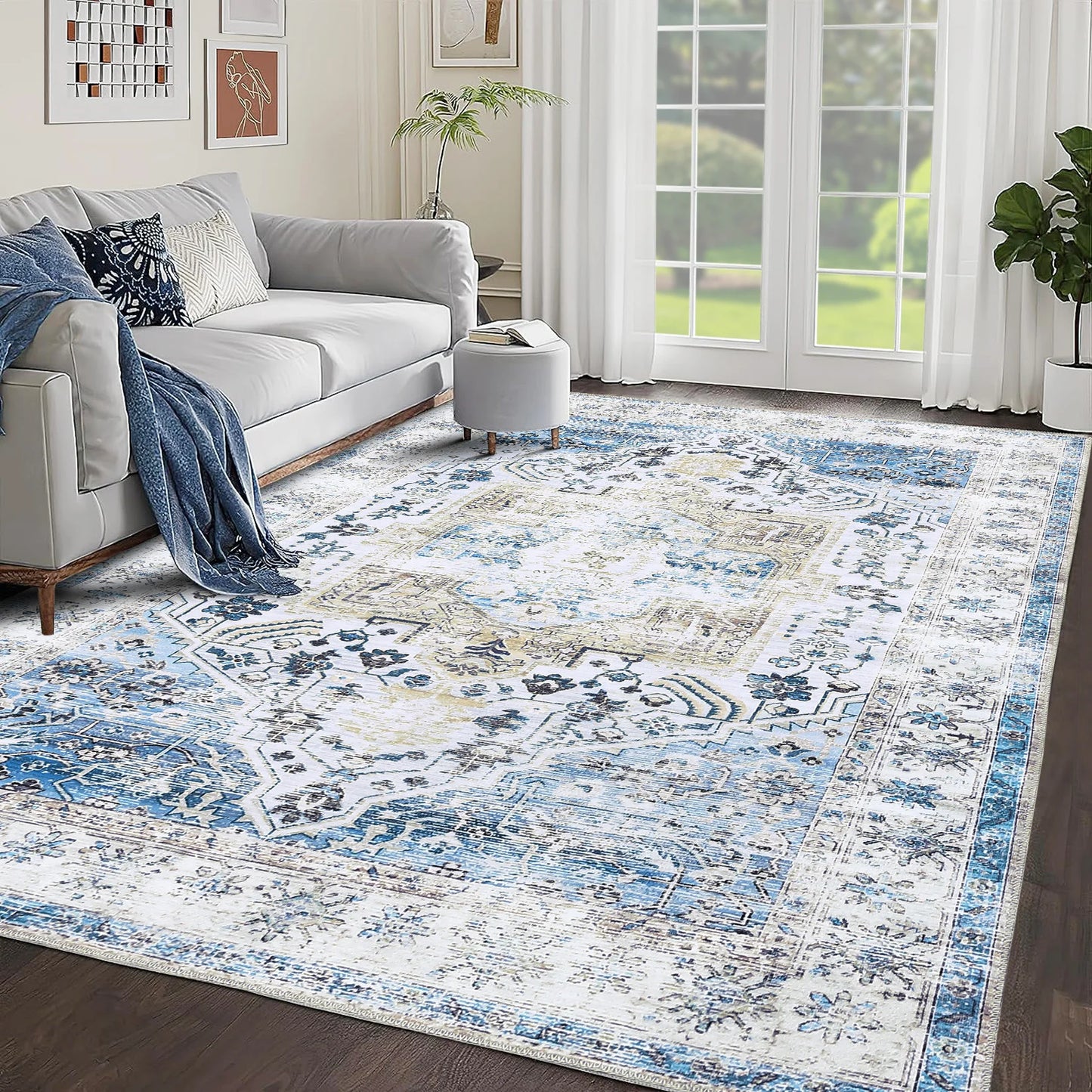 Large Area  Living Room Rug 10x13 Vintage Carpet Washable  Easy Cleaning Stain Resistant Indoor Carpet with Non-Slip