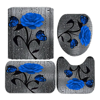4pcs Set Doormat Shower Curtain with Non-Slip Rugs Toilet Seat Cover Bath Carpet Durable Waterproof