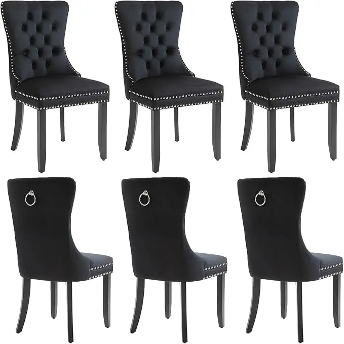 Velvet Upholstered Dining Chairs Set of 4 Wingback Kitchen Room Black Accent Chairs 4PC Solid Wood Leg