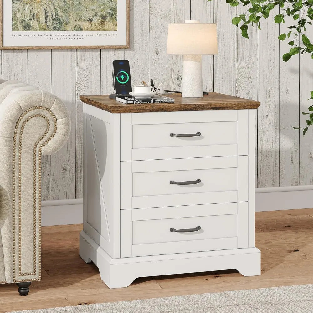 Farmhouse Nightstand with Charging Station, 3 Drawers Bedside Table
