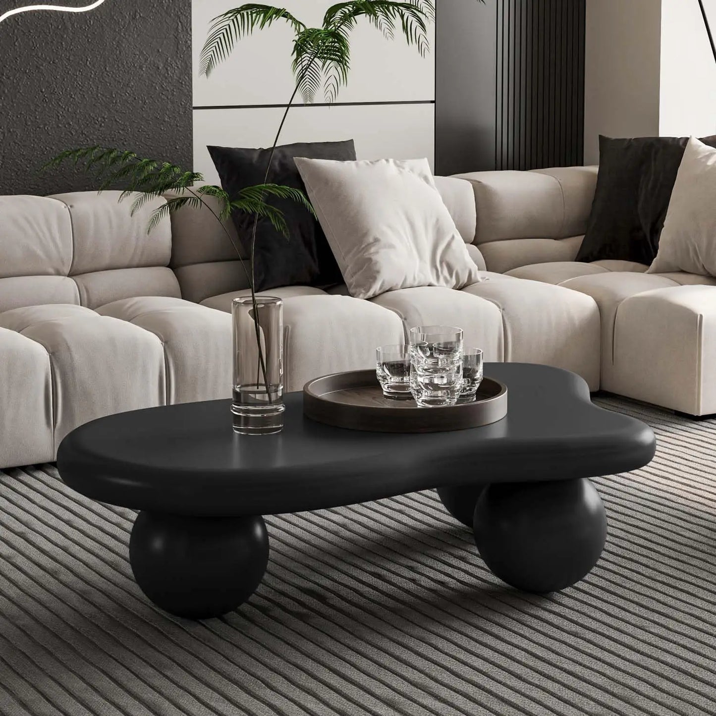 40" Black Modern Coffee Table Cloud Shape Low Center Table with 3 Ball Legs Cute Irregular Indoor Tea Table for Living Room