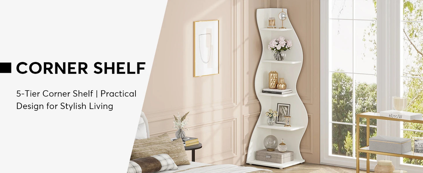 Modern 5-Tier Corner Bookshelf, Stylish Corner Bookcase Storage Rack Plant Stand with Unique Shape for Living Room, Home Office