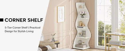 Modern 5-Tier Corner Bookshelf, Stylish Corner Bookcase Storage Rack Plant Stand with Unique Shape for Living Room, Home Office