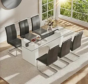 71" Glass Dining Table Set for 6, 7 Piece Dining Table Set with Tempered Glass Top & 6 White PU Leather Ergonomic Chairs, Modern