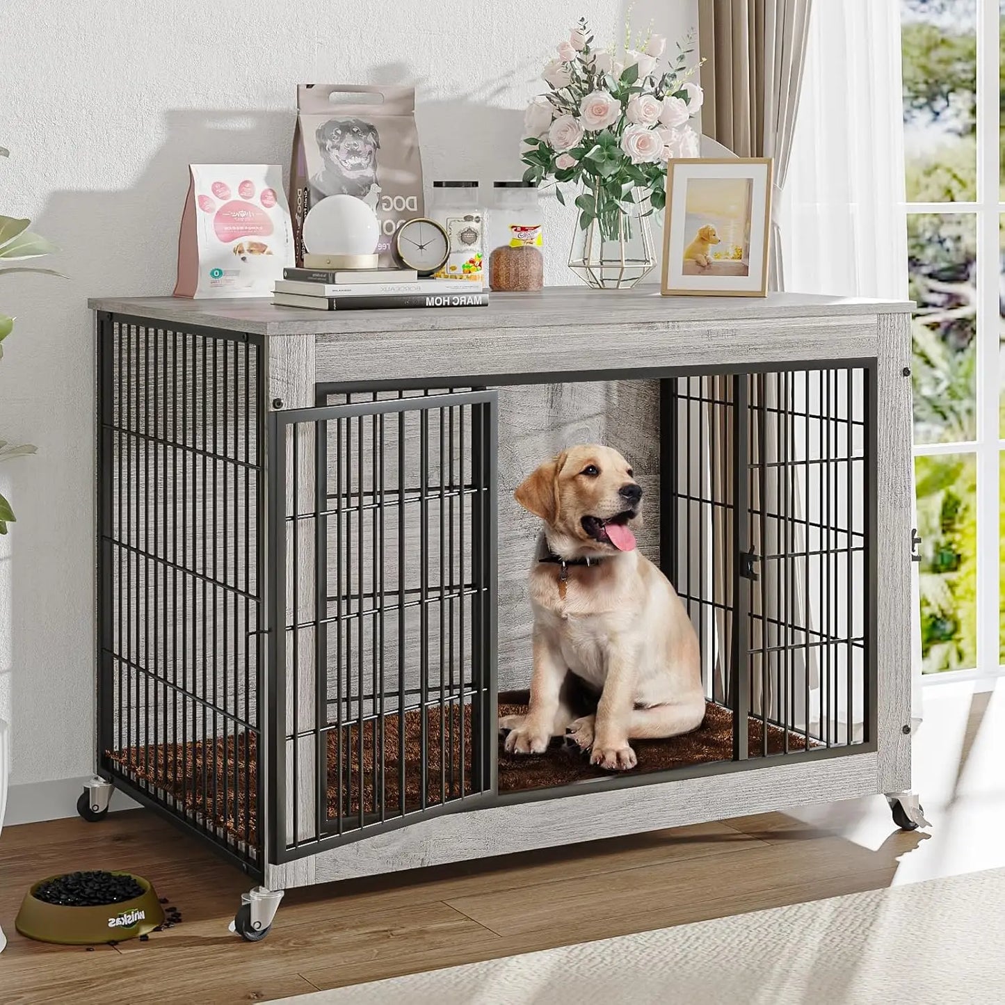 38 Inch Dog Crate Furniture with Cushion, Double Doors Wooden Dog Kennel Cage Indoor with Wheels, Pet House Decorative