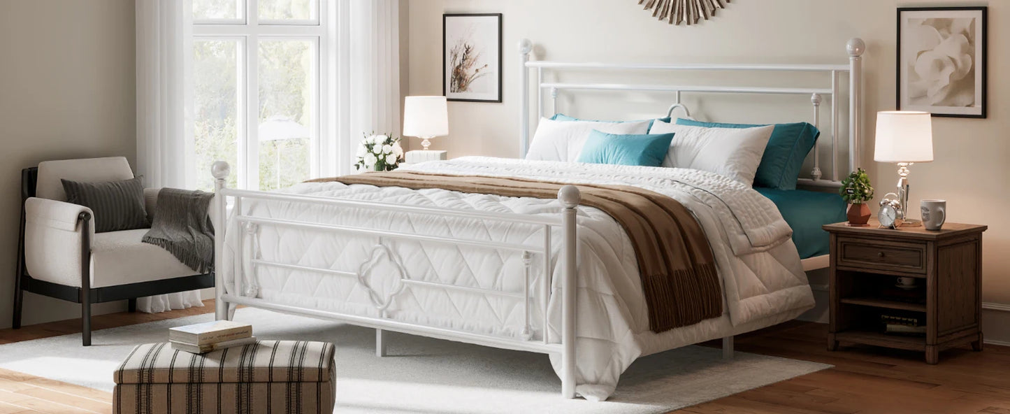14 Inch Metal Platform Bed Frame, Vintage Victorian Style, Wrought Iron Headboard and Footboard