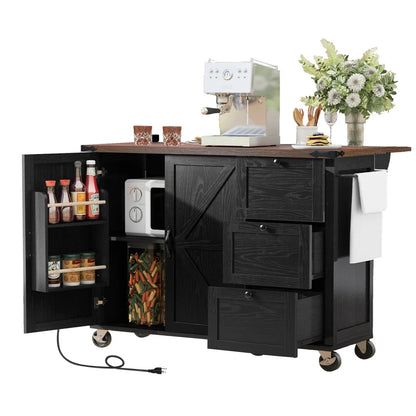 54.5" Farmhouse Kitchen Island with Power Outlet, Kitchen Storage Island  with Internal Storage Rack, Drop Leaf, Spice Rack