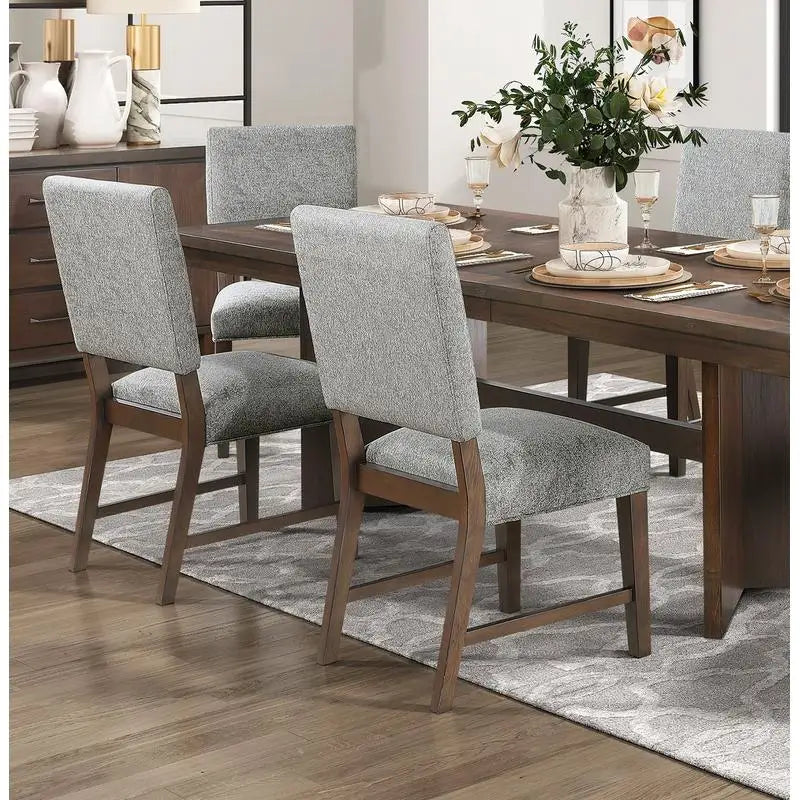 Modern Walnut Finish Dining Set 7pc with Self-Storing Extension Leaf and 6 Upholstered Chairs for Elegant Dining Experience