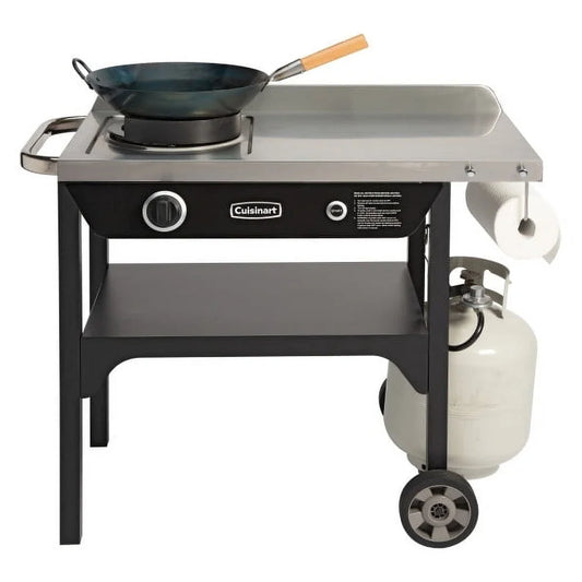 Outdoor Wok Station with 50,000 BTU Propane Burner 14 Inch Carbon Steel Pan Stainless Steel Prep Table Mobile Cooking Setup