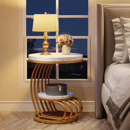 Gold Round End Table: 2 Tiers Faux Marble Side Table with Storage Shelf, Modern White Gold Bedside Nightstand