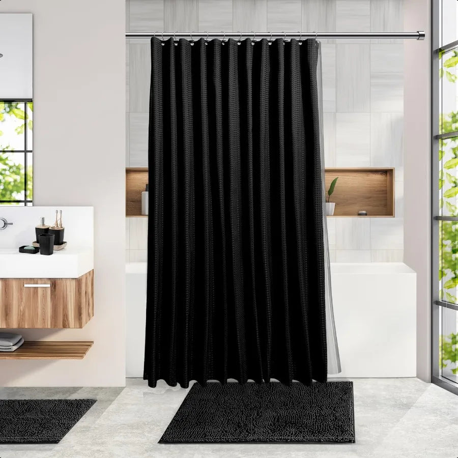 20PC Bathroom Accessory Set Black Shower Curtain Set Toilet Brush Trash Can Soap Dispenser