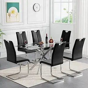 Glass Dining Table Set for 4, 5-Piece Modern Kitchen Table Set with 4 High-Back PU Leather Upholstered Chair for Kitchen Dining
