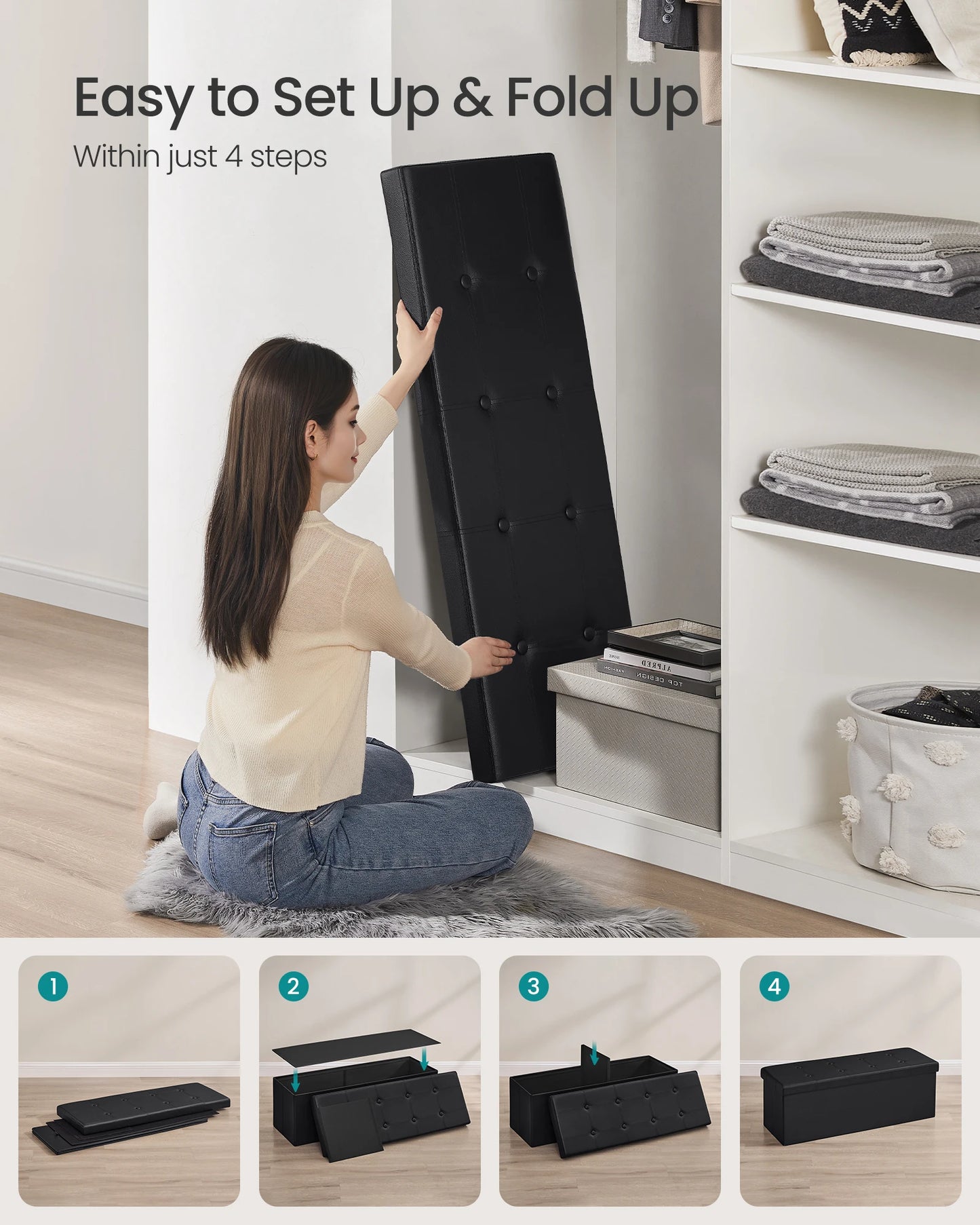 SONGMICS 43 Inches Folding Storage Ottoman Bench, Storage Chest, Footrest, Coffee Table, Padded Seat, Faux Leather