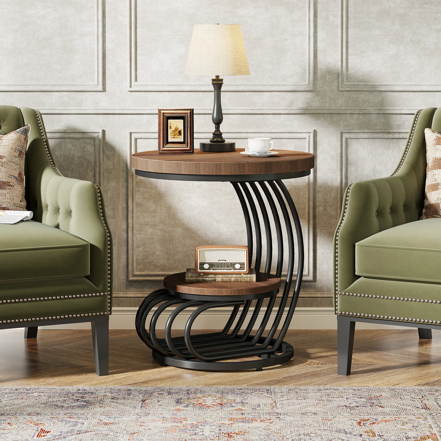 Gold Round End Table: 2 Tiers Faux Marble Side Table with Storage Shelf, Modern White Gold Bedside Nightstand