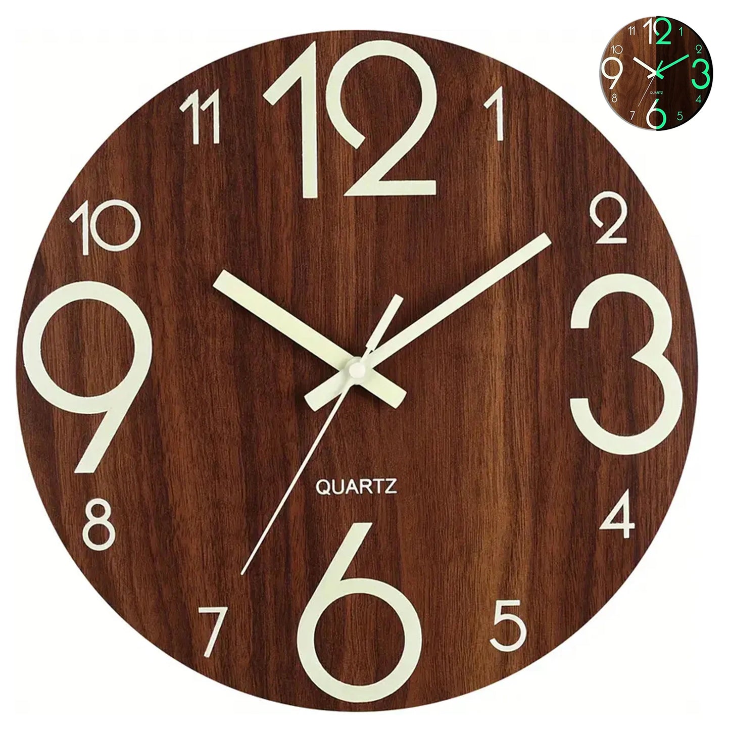 12 Inch Wooden Simple Luminous Wall Clock Silent Non Ticking Analog