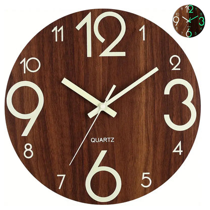 12 Inch Wooden Simple Luminous Wall Clock Silent Non Ticking Analog