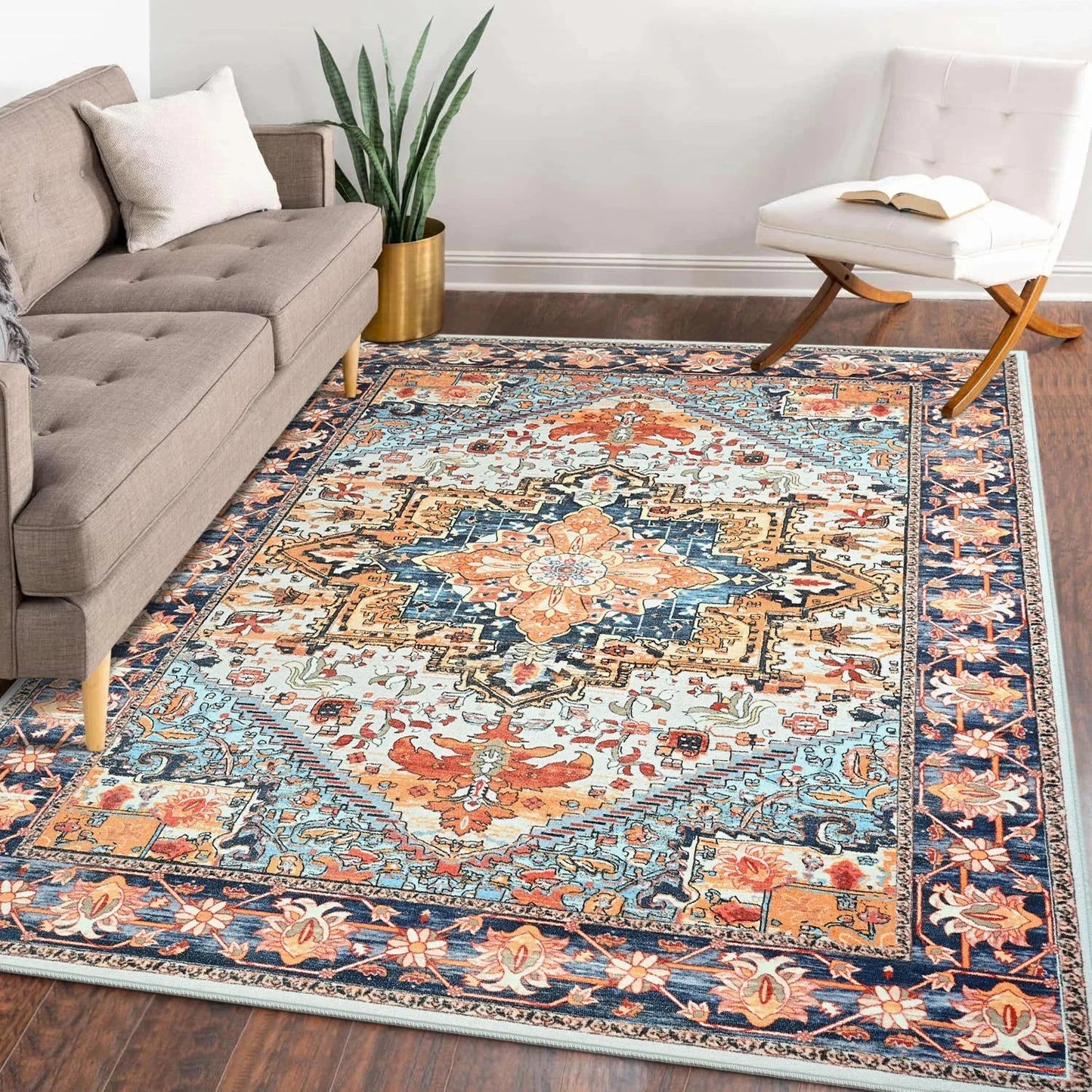 Faux Cashmere Vintage Floral  Soft Accent Area Rug, Low Pile for Living Room Bedroom
