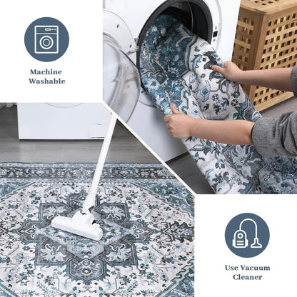 Washable Area Rugs 8x10 Living Room Rug Vintage Medallion  Soft Floor Cover Low Pile Non-Slip
