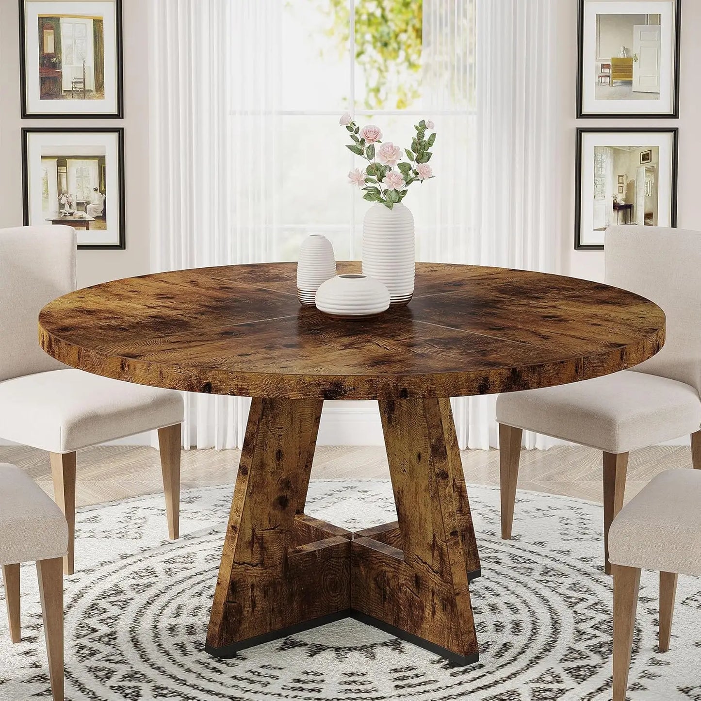 Round Wood Dining Table For Kitchen or Dining Room, 47 in