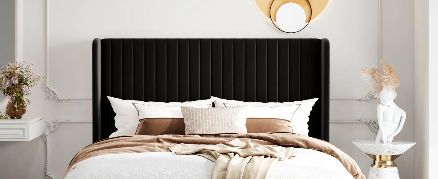 Velvet Upholstered Bed Frame, Vertical Channel Tufted Wingback Headboard, Wooden Slats