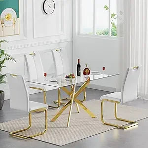 Glass Dining Table Set for 4, 5-Piece Modern Kitchen Table Set with 4 High-Back PU Leather Upholstered Chair for Kitchen Dining
