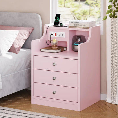 Nightstand with Charging Station,  with Hutch & Storage Drawers