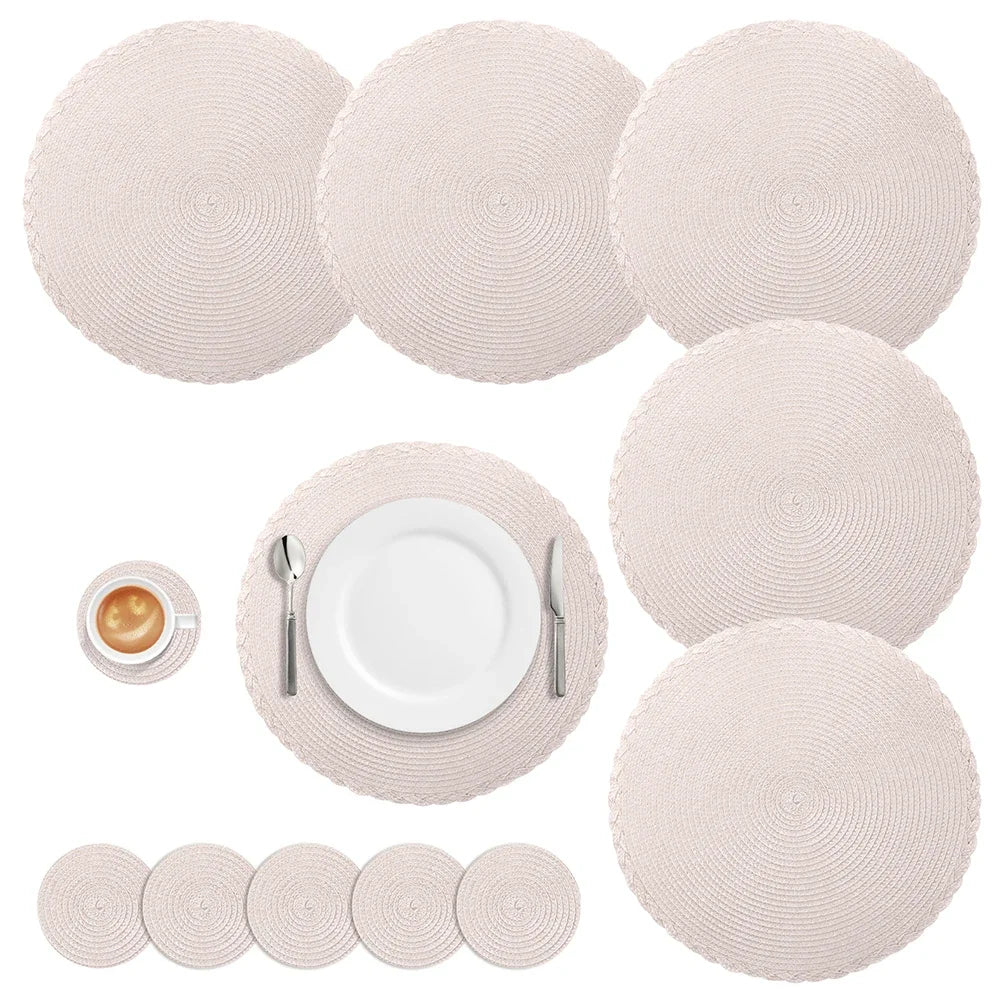 Round Braided Set of 6 Washable Round Placemats for Christmas Kitchen Wedding Dining Table 34cm Woven Heat Resistant Place Mats
