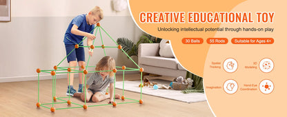 Fort Building Kit Construction Castle Tunnels Toys with 55 Rods 30 Balls Indoor Play Tent for Educational Gift Blocks