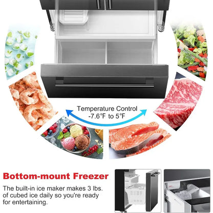 French Door Refrigerator with Installed Ice Maker and Bottom Freezer Adjustable Electrical Thermostat Control