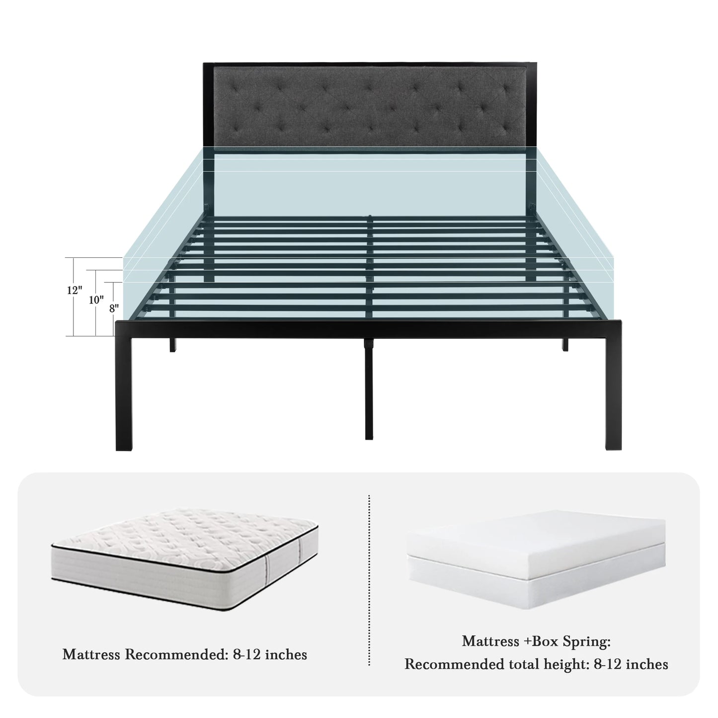 Metal Bed Frame with Upholstered Finely Stitched Headboard, Linen Fabric, Sturdy Foundation, No Box Spring Needed