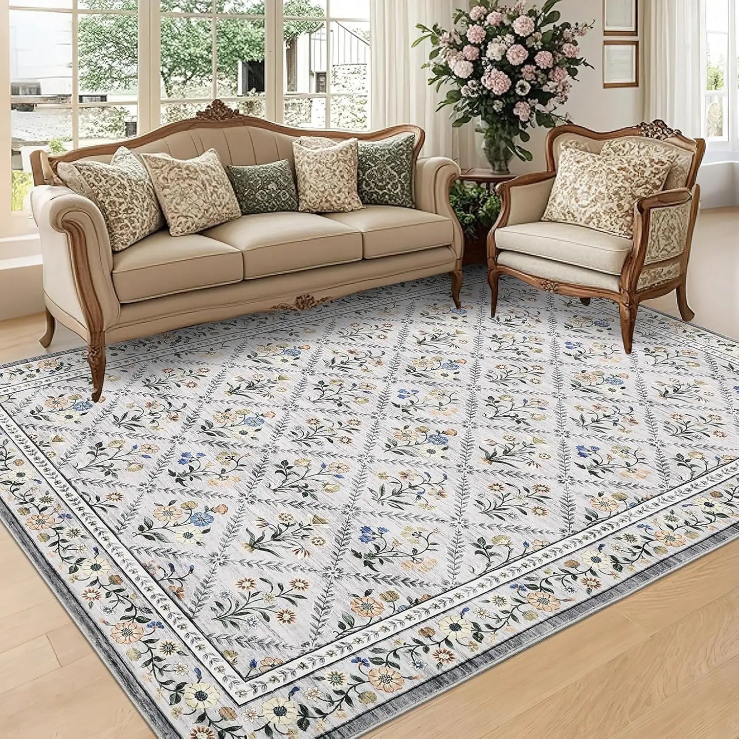 Vintage Washable Area Rugs for Living Room Soft Low-Pile Non-Slip Carpet  for Bedroom Dining Room Home Office