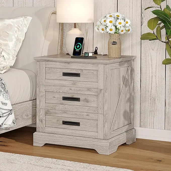 Farmhouse Nightstand with Charging Station, 3 Drawers Bedside Table