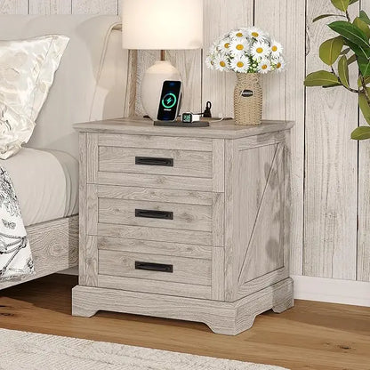 Farmhouse Nightstand with Charging Station, 3 Drawers Bedside Table