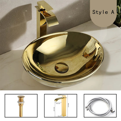 Gold Ceramic Luxury Bathroom Vessel Sink Set  Bowl Washbasin Waterfall Brass Faucet Pop Up Drain Combo High-End Basin Kit