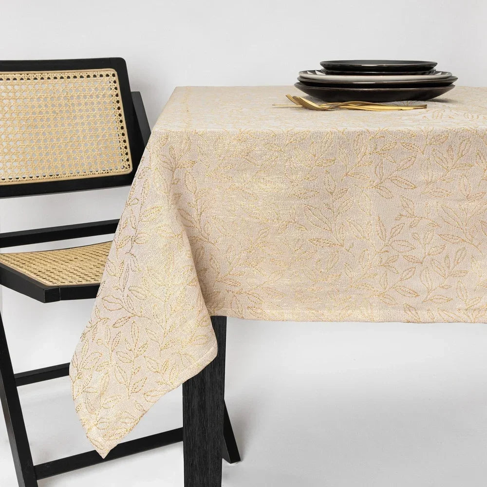 Elegant 84 Inch Rectangular Tablecloth with Gold Leaf Design Waterproof Fabric Ideal Dining Protection and Decoration