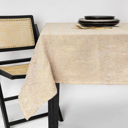 Elegant 84 Inch Rectangular Tablecloth with Gold Leaf Design Waterproof Fabric Ideal Dining Protection and Decoration