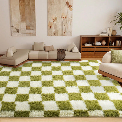 Fluffy Long Shag Plaid Area Rug for Bedroom, Living Room Washable , Super Soft Indoor Plush Rug.