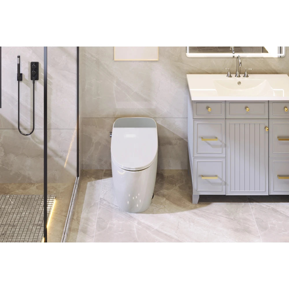 Heated Seat Smart Toilet, One Piece Toilet, Automatic Flush Tank Less Toilet without Bidet, with Foot sensor Flush
