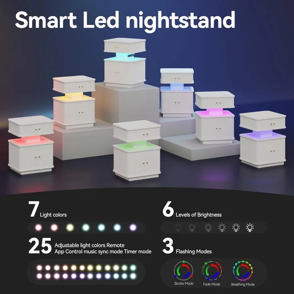 Bedroom LED Nightstand, with Charging Station, 2 Drawer