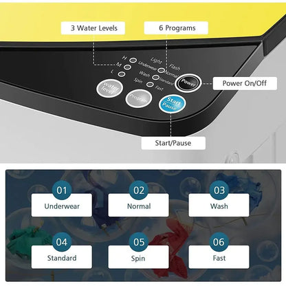 Full Automatic Portable Washing Machine Compact Laundry Washer Spin Dryer with Barrel Light Drain Pump Ideal Apartments