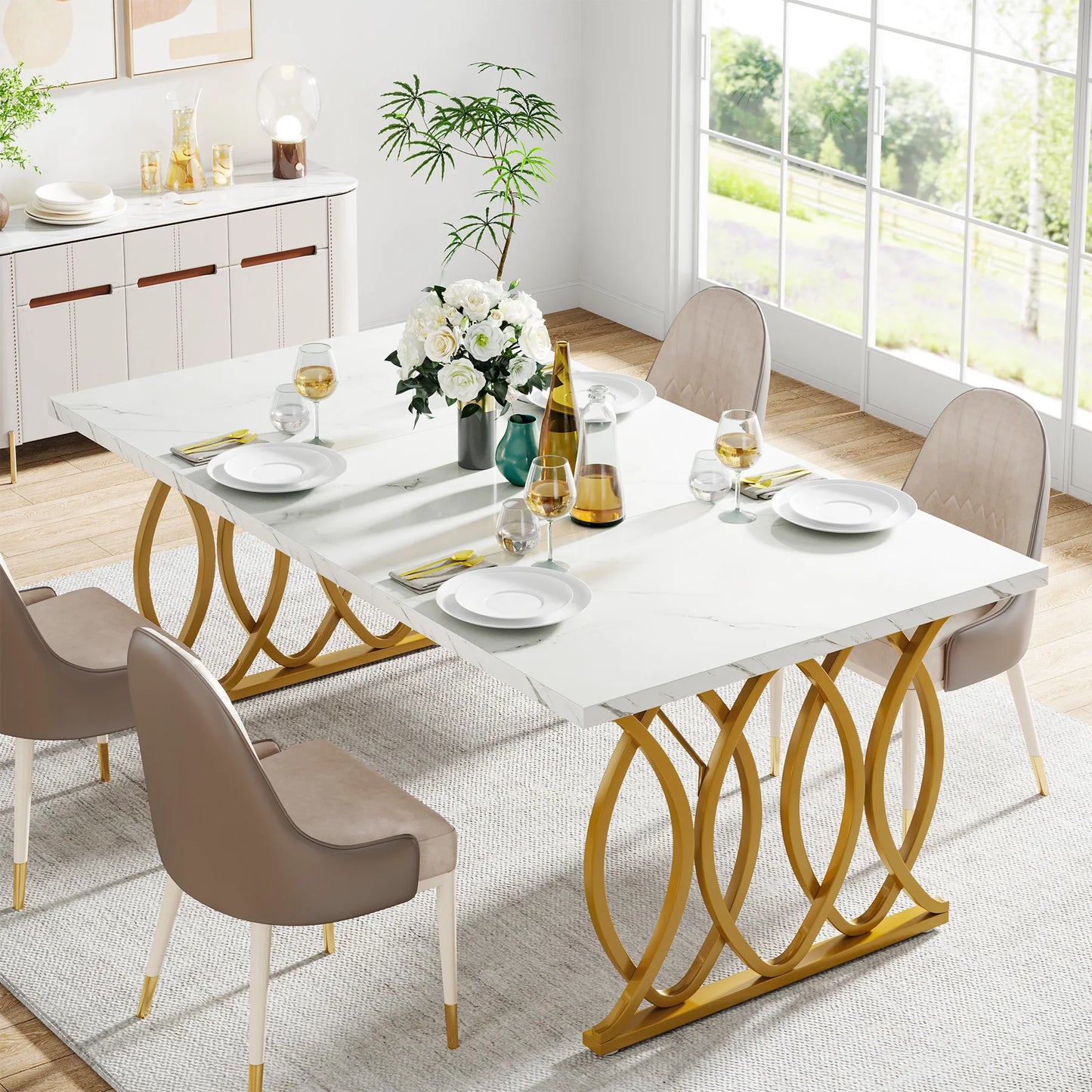 63-Inch Rectangular Dining Table for 4 to 6, Modern Kitchen Table with Faux Marble Table Top