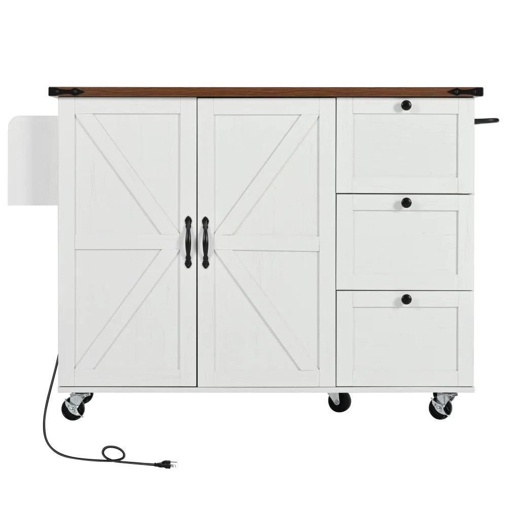 54.5" Farmhouse Kitchen Island with Power Outlet, Kitchen Storage Island  with Internal Storage Rack, Drop Leaf, Spice Rack
