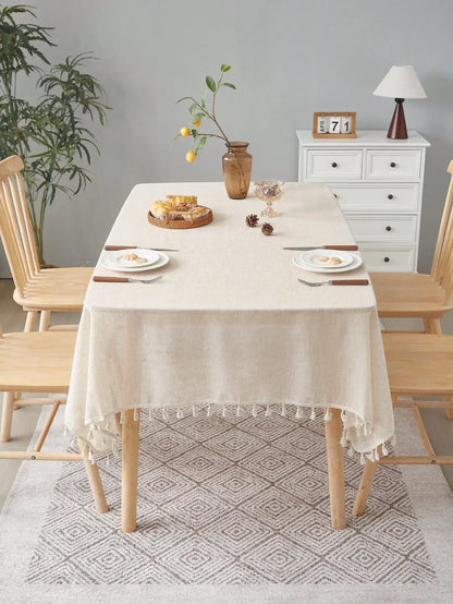 Beige linen square tablecloth, retro countryside style, kitchen living room coffee table