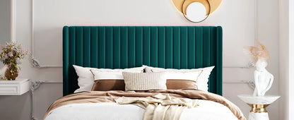 Velvet Upholstered Bed Frame, Vertical Channel Tufted Wingback Headboard, Wooden Slats